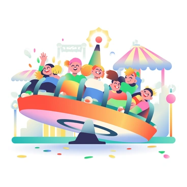 A colorful carnival ride is spinning rapidly, illuminated by vibrant lights in red, blue, green, and yellow. The ride features several seats, each occupied by cheerful riders with expressions of excitement. Some riders are raising their hands in the air, while others are laughing and enjoying the moment. The background is filled with additional carnival attractions and festive decorations, creating an atmosphere of joy and celebration. The ground is adorned with scattered colorful confetti, enhancing the festive scene.