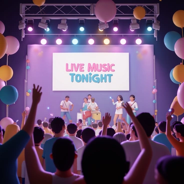 A concert stage, brightly lit with colorful spotlights, features a large banner that reads "Live Music Tonight" in bold letters. Balloons in various shapes and colors are cascading down from the ceiling, creating a festive atmosphere. In the foreground, an enthusiastic crowd is cheering, their arms raised in excitement. Some individuals are holding drinks and waving glow sticks, while others are captured mid-cheer with wide smiles. The stage has a band performing energetically, with instruments visible, amplifying the lively scene.