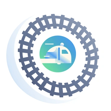 A logo features a stylized train track that curves around a central symbol. The train track is depicted in a bold, dark gray color with distinct ties and rails. The central symbol is a vibrant blue circle with a white silhouette of a train in motion, emphasizing speed and connectivity. Surrounding the train track and symbol are soft gradients of light blue and white, enhancing the visual appeal of the logo. The overall design is balanced and harmonious, with clean lines and clear shapes.