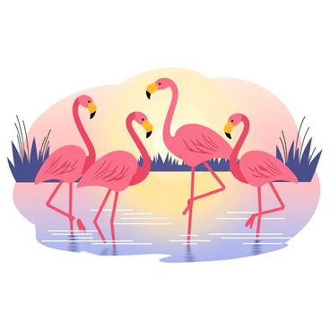A group of "elegant flamingos" standing in a "tranquil lake." The flamingos have "long, slender legs" and are displaying their "pink feathers," which are illuminated by the warm light of the "sunset." The surface of the lake reflects the soft "orange and pink hues" of the sky, creating a serene atmosphere. In the background, there are silhouettes of "tall grasses" and "calm ripples" in the water around the flamingos.