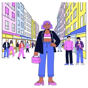 A bustling city street filled with tall buildings and shops. In the foreground, a fashionable woman stands confidently, wearing a modern outfit that includes a stylish blazer and a sleek, contemporary bra. She has a confident expression and is holding a designer handbag. People can be seen walking by, and there are colorful storefronts in the background. The scene captures the lively atmosphere of the city.