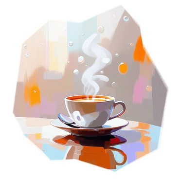 A steaming cup of amber-colored coffee on a cafe table beside a window with raindrops