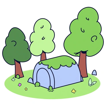 An empty tomb made of stone, partially covered in moss. It is situated in a forest clearing surrounded by tall, green trees. Sunlight filters through the leaves, casting dappled light onto the ground. The clearing has soft, green grass and small wildflowers scattered around.