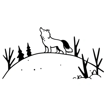 A grey wolf standing atop a snowy hill, with its fur fluffed up against the cold. The wolf's posture is alert, with its ears perked and tail held high, surveying the white landscape below. The hill is blanketed in thick, untouched snow that sparkles in the light. Surrounding the hill are sparse, leafless trees, their branches bare against the winter sky. In the distance, a mountain range is visible, silhouetted against the horizon.