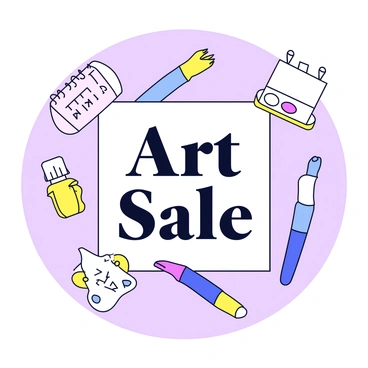 A promotional poster for an upcoming art sale. The background is a soft pastel color, providing a calm atmosphere. At the center, there is a large, bold text that reads "Art Sale" in an elegant font. Around the text, there are various colorful art supplies, such as paintbrushes, tubes of paint, and sketchbooks, arranged in a visually appealing manner. A small calendar icon is placed in one corner, indicating the date of the sale. In another corner, there is a simple outline of a canvas on an easel.