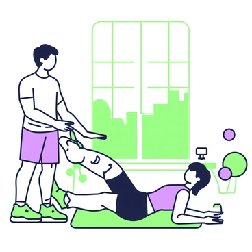 A personal trainer is demonstrating heel slides to a client in a gym setting. The personal trainer, wearing a fitted athletic shirt and shorts, stands beside the client, offering guidance. The client is on an exercise mat, positioned on their back with their knees bent. The trainer is pointing towards the client's feet, explaining the movement. In the background, there are various gym equipment pieces visible, such as dumbbells and exercise balls. The gym has large windows allowing natural light to fill the space.