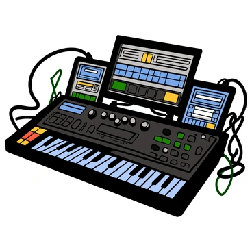 Close-up of modern recording equipment with glowing displays. The equipment features a sleek black design with various buttons and knobs. The glowing displays show vibrant colors, including blue and green lights that illuminate the surroundings. Reflections from the displays create a high-tech ambiance. Wires and cables are neatly organized around the equipment, emphasizing its functionality and complexity. The background has a soft focus, highlighting the intricate details of the recording gear.