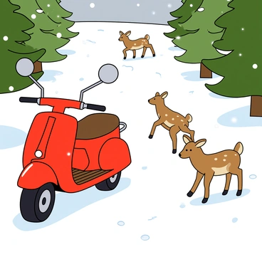 A snow scooter pausing to observe a group of deer crossing a snow-covered path