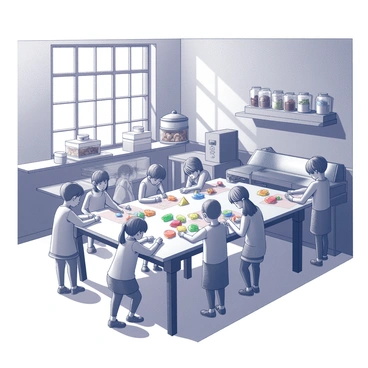 A small factory interior filled with children engaged in wrapping chocolates. The children are clustered around a long wooden table, where chocolates are being placed onto colorful wrappers. Some kids are carefully folding the wrappers, while others are tying them with thin strings. The factory is adorned with vintage machinery, such as a chocolate tempering machine and a conveyor belt. The walls are lined with shelves displaying jars filled with various types of chocolates. Sunlight filters through large windows, casting playful shadows on the floor.