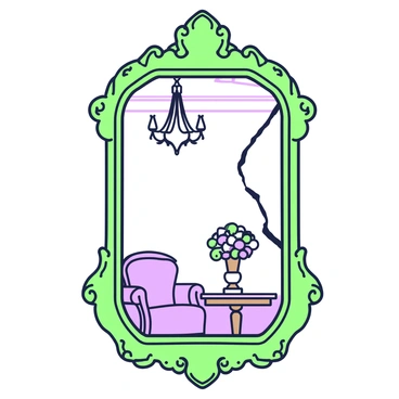 An antique mirror is mounted on a wall, showcasing intricate carvings along its ornate frame. The surface of the mirror is marred by a long crack that stretches diagonally, distorting the reflection of the room behind it. The room features a vintage chandelier hanging from the ceiling, casting soft light across the space. A wooden table is visible in the reflection, adorned with a vase filled with flowers, while a plush armchair sits in the corner. The colors of the room are muted, enhancing the antiquity of the mirror and emphasizing the crack's effect on the reflection.