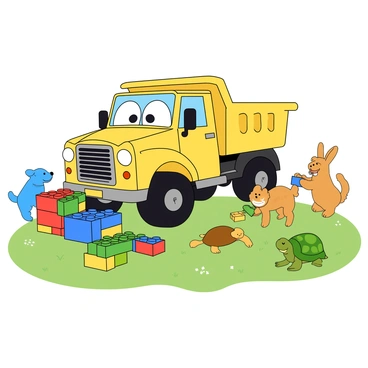 A bright yellow truck with large, cheerful eyes on the windshield is parked in a playful, grassy area. Surrounding the truck are various cartoon animals engaging with colorful building bricks. A small blue dog with floppy ears is happily stacking red and green bricks, while a fluffy rabbit with long ears is attempting to balance a blue brick on its nose. Nearby, a cheerful orange cat with a playful expression is rolling a yellow brick towards a group of smaller animals. A curious little turtle is peeking out from behind a pile of bricks, and a bright green frog is leaping excitedly among the scattered pieces. The scene is filled with vibrant colors and a sense of joyful activity.