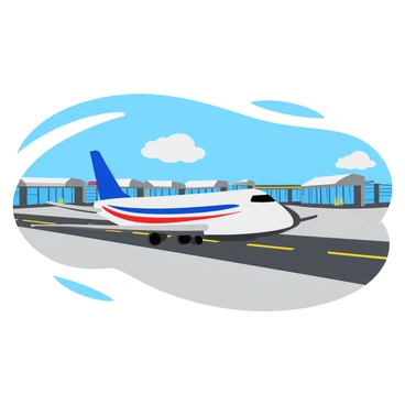 A large airplane slowly taxiing along a gray runway. The plane has a shiny, white fuselage with blue and red stripes along the side. In the background, there are several terminal buildings with large glass windows and colorful signage. The sky is clear, and a few fluffy white clouds are scattered above. The scene conveys a sense of motion as the airplane progresses down the runway.