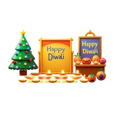 A festive scene showcasing three distinct holiday celebrations. On one side, there is a beautifully decorated Christmas tree adorned with colorful ornaments and twinkling lights, with "Merry Christmas" written in elegant text. In the center, a vibrant Diwali display features rows of glowing diyas and colorful rangoli patterns, with "Happy Diwali" prominently featured. On the opposite side, a lively Halloween setup includes carved pumpkins with flickering candlelight and spooky decorations, with "Happy Halloween" displayed in an eye-catching font. Each section is distinct yet harmoniously combines to celebrate the diversity of festive traditions.