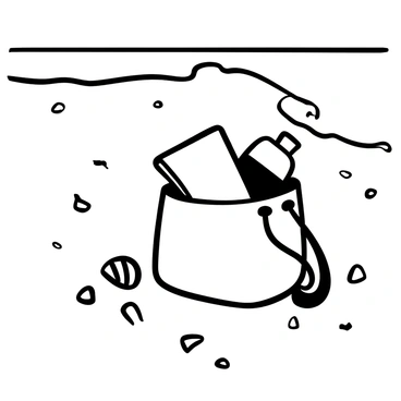 A "sac-à-dos" sitting on a sandy beach, partially open to reveal a towel and a bottle of sunscreen inside. The towel is neatly folded, while the sunscreen is positioned upright next to it. Surrounding the bag, there are scattered seashells and footprints in the sand, leading towards the water. In the background, gentle waves are lapping at the shore, creating a serene coastal atmosphere.