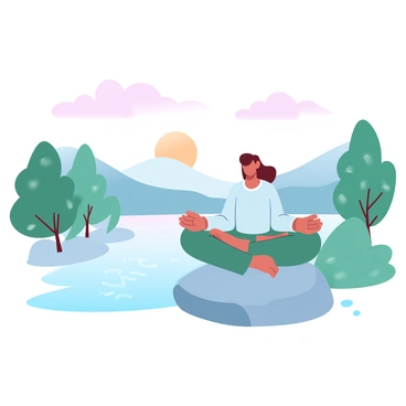 A person is sitting cross-legged on a smooth rock beside a calm lake. The person is wearing comfortable, loose-fitting clothing. The water of the lake is reflecting the soft evening light, creating a gentle shimmer. Surrounding the lake are lush green trees with their leaves rustling softly in the breeze. In the background, soft hills rise gently, their outlines blurred in the distance. Above, the sky transitions from light orange to a soft lavender, indicating the time of sunset. A few wispy clouds drift lazily across the sky.