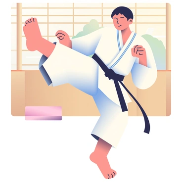 A martial artist with short black hair is delivering a high kick as part of a dynamic kata routine. They are wearing a traditional white gi adorned with a black belt, and their expression is focused and determined. The martial artist is in mid-air, with one leg extended high above their head, while the other leg is bent and ready to land. The background features a wooden dojo with bamboo accents and soft mats, enhancing the atmosphere of the training environment. The martial artist's arms are positioned for balance, with one arm extended out to the side and the other drawn back.