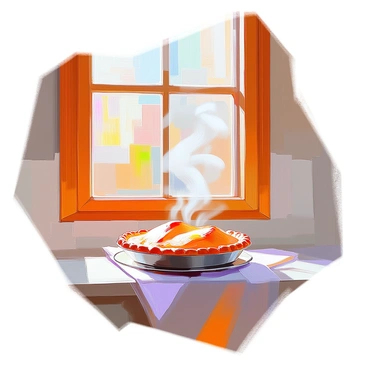 A kitchen window with wooden frames, showing a view of the outside. The window is slightly open, and wisps of rising smoke are billowing out from the edge of a freshly baked pie resting on a nearby windowsill. The pie has a golden-brown crust, with steam gently rising from its surface. Sunlight streams through the window, casting soft shadows on the wall and highlighting the warm tones of the kitchen. The scene conveys a sense of warmth and homeliness.