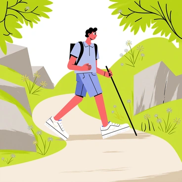 A person hiking along a rocky trail surrounded by lush greenery. The individual is wearing white Air Force 1 sneakers with distinctive perforations and a smooth surface. They are dressed in a light blue hiking shirt and cargo shorts, with a small backpack slung over one shoulder. The rocky trail winds through large boulders and patches of wildflowers, while a few trees provide shade. Sunlight filters through the leaves, casting dappled shadows on the ground.