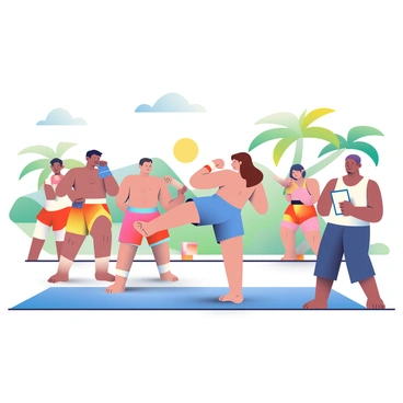 A group of five muay thai fighters is practicing punches and kicks in an outdoor training camp. The fighters consist of three men and two women, each wearing colorful training shorts and hand wraps. One man with short black hair is throwing a powerful punch, while a woman with long brown hair is executing a high kick. In the background, a large blue mat is laid out on the ground, surrounded by palm trees and distant mountains. Nearby, a coach is observing and giving instructions, wearing a white tank top and holding a clipboard. The sun is shining brightly, casting shadows on the ground as the fighters focus on their techniques.