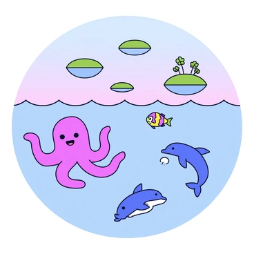 A clear blue ocean scene with gentle waves. In the water are various imaginative sea creatures, such as a bright purple octopus with large, expressive eyes and a friendly smile. Nearby, a small, colorful fish with vibrant scales swims alongside a playful dolphin that leaps joyfully out of the water. Above the ocean, several floating islands hover, each covered in lush green grass and dotted with small, whimsical trees. The sky above is a soft gradient of blue, transitioning to light pink near the horizon.