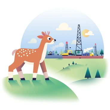 A deer with a light brown coat and white spots is standing on a grassy hill, its ears perked up and eyes wide, cautiously observing a fracking operation in the distance. The fracking site is visible below, with large machinery and equipment scattered around, including tall drilling rigs and trucks. A plume of steam rises from the site, contrasting with the blue sky above. The surrounding landscape features patches of trees and shrubs, and the sun casts long shadows across the hill where the deer is standing.