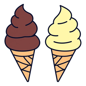 Two ice cream cones are presented side by side. One cone is topped with rich chocolate ice cream, showcasing a glossy, dark brown swirl that cascades down the sides. The other cone features creamy vanilla ice cream, displaying a smooth, pale yellow hue that contrasts with the chocolate. Each cone is placed in a classic waffle cone, with the texture clearly visible. The background is filled with vibrant colors that evoke a fun and playful atmosphere.