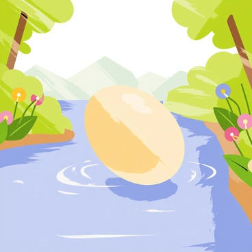 An egg cell with a smooth, shiny surface is floating gently along a flowing river. The river has clear, sparkling water with small ripples surrounding the egg cell. On either side of the riverbank, there are lush green plants and colorful flowers reaching towards the water. Rays of sunlight break through the leaves of nearby trees, casting soft reflections on the surface of the river, emphasizing the idea of a journey. In the background, a distant mountain range adds depth to the scene.