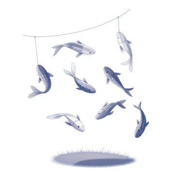 A lively outdoor scene depicting colorful koi fish streamers suspended from strings, fluttering in the wind. The streamers are designed to resemble koi fish, featuring distinct patterns and shapes that mimic the appearance of these aquatic creatures. The background shows a clear sky, allowing sunlight to illuminate the streamers, casting soft shadows on the ground. Below, a patch of grass provides a natural setting for this festive display, emphasizing the vibrant movement of the koi fish streamers as they dance in the breeze.