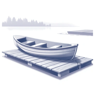 A quaint wooden rowboat is securely tied to a rustic dock. The boat has worn, weathered wood with visible grain patterns and features oars resting inside. The dock is made of aged wooden planks, slightly uneven and showing signs of wear. Surrounding the dock, there are gentle ripples on the lake's surface. In the background, the water reflects the silhouettes of trees lining the shore, creating a tranquil atmosphere.