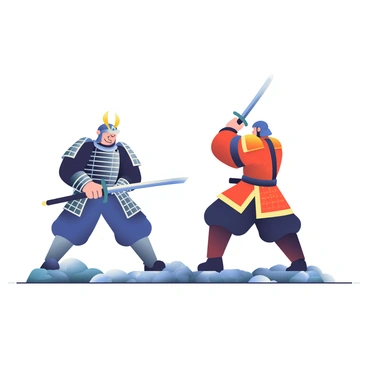 Two action figures of samurai are positioned in a dramatic standoff, each holding a katana drawn and ready. The first samurai has dark armor with intricate silver details, standing firmly with a determined expression on his face. His katana glimmers with a sharp edge, reflecting light. The second samurai wears bright red armor adorned with gold accents, crouching slightly as he prepares to strike. His katana is raised high, poised in a swift motion. The tension between them is palpable, creating an intense atmosphere. The figures are set on a textured surface that resembles rocky terrain, enhancing the scene of confrontation.