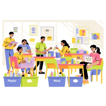 A classroom filled with colorful posters depicting the impact of plastic waste on the environment. Several children are engaged in interactive activities, such as sorting recyclable materials into bins labeled "Plastic," "Paper," and "Metal." One child is building a model using recycled bottles, while another is drawing a picture of wildlife affected by pollution. Desks are arranged in a semicircle, and sunlight streams through large windows, illuminating the vibrant classroom environment.