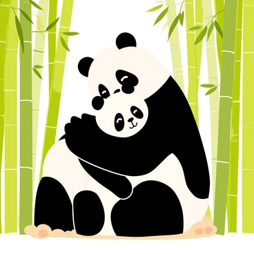 A panda cub hugging its larger parent, both with black and white fur. The parent is sitting down, while the cub clings affectionately around its neck. Surrounding them is a lush bamboo forest, filled with tall green bamboo stalks and leaves. Sunlight filters through the canopy, casting soft shadows on the ground. The scene conveys warmth and tenderness between the panda cub and its parent.