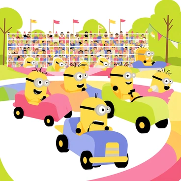 A group of "Minions" in yellow overalls and goggles is racing colorful cars on a winding track. Each car is a different bright color, including red, blue, green, and orange. The Minions are animatedly driving, with some looking excited and others concentrating on the race. In the background, there are cheering fans holding flags and banners, filling the stands with various colors and expressions of enthusiasm. The track is surrounded by green trees and colorful flowers, enhancing the lively atmosphere of the race.