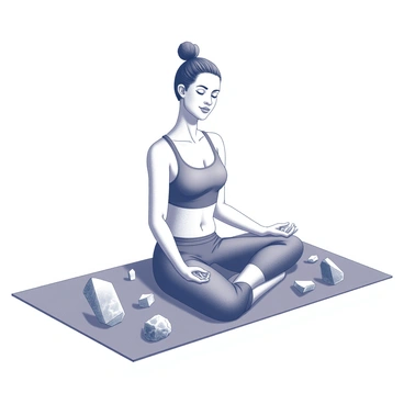 A person in a yoga pose, sitting cross-legged on a yoga mat. The individual is focused, with a serene expression on their face. Surrounding them are various crystals and stones scattered on the mat and the floor. The crystals have distinct shapes and sizes, some are pointed while others are smooth, showcasing different textures. The arrangement creates an organic feel, with the crystals reflecting light gently. The background is uncluttered, emphasizing the person and the crystals.