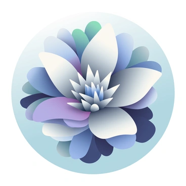 A large abstract flower sits at the center of the image, featuring sharp angles and geometric petals. The petals are rendered in metallic colors, reflecting shades of silver, blue, and purple. Each petal is intricately designed with faceted surfaces, creating a striking visual contrast. The flower's core is composed of smaller, silver spikes that radiate outward. Surrounding the flower is a soft gradient background that transitions from light teal at the top to deep navy at the bottom, enhancing the futuristic aesthetic of the design.