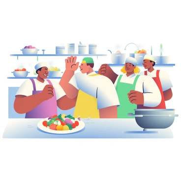 A team of five chefs with diverse skin tones and hairstyles are in a busy kitchen, smiling and high-fiving each other. They are wearing white chef coats with colorful aprons, and each chef has a different hat style. In the background, several stainless steel pots and pans filled with vibrant ingredients are simmering on the stovetops. A large, beautifully plated dish, garnished with fresh herbs and colorful vegetables, is prominently displayed on a counter in front of them. The kitchen is filled with various cooking tools and utensils, showcasing an atmosphere of collaboration and excitement.