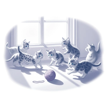 A group of playful kittens is gathered in a room filled with natural light. They are actively engaged in chasing a ball of yarn. The kittens exhibit different sizes and fur patterns, with some having stripes while others are spotted. The yarn appears to be rolling across the smooth floor, drawing the attention of the curious kittens. Sunlight streams through a nearby window, casting soft shadows in the room. The playful energy of the kittens is evident as they leap and pounce around the vibrant ball of yarn.