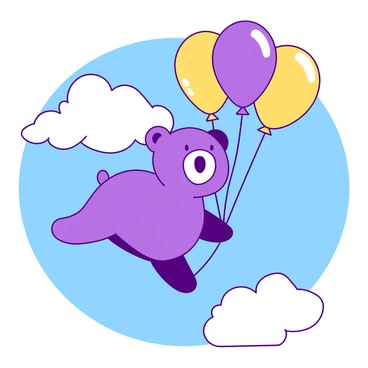 A purple cartoon bear is happily holding a cluster of yellow balloons in its arms. The bear is floating gently in a clear blue sky, surrounded by fluffy white clouds. Each balloon is a different vibrant color, adding joy to the scene. The bear's expression is cheerful, with a wide smile and bright eyes, as it drifts among the clouds.