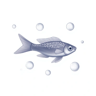 A small guppy fish swimming in a calm water environment. The guppy has vibrant scales that catch the light as it moves. Surrounding the fish are several floating bubbles of various sizes, creating a sense of movement in the water. The guppy's fins are gracefully extended, showcasing its playful swimming style as it navigates among the bubbles. The background is simple, emphasizing the interaction between the guppy and the bubbles.