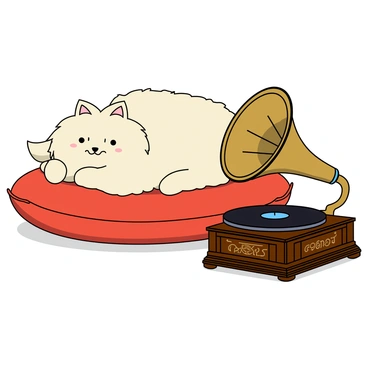 A fluffy Persian cat with long, luxurious fur in shades of white and cream is lying comfortably on a plush red cushion. The cat's large, round eyes are half-closed, indicating a state of relaxation. Next to the cat, there is a vintage gramophone with a shiny brass horn, which is playing soothing music. The gramophone's base is made of dark wood, showing intricate carvings. The scene is cozy, with soft shadows and a warm ambiance surrounding the cat and the gramophone.