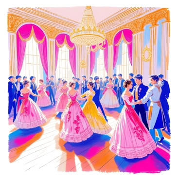 A grand historical ball is taking place in an opulent ballroom adorned with intricate gold details. Couples are waltzing gracefully across the polished wooden floor. Each couple is dressed in elaborate costumes featuring rich fabrics and ornate patterns. The ladies wear flowing gowns with wide skirts, adorned with lace and ribbons, while the men are in elegant tailcoats with vests and cravats. A large, glittering chandelier hangs from the ceiling, casting a warm glow over the scene. Rows of tall windows are draped with heavy curtains, completing the luxurious atmosphere.