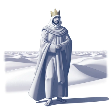 A desert king stands tall in the vast expanse of a sun-drenched desert. He wears an intricately designed "crown of gold" adorned with detailed engravings. His clothing features flowing robes that billow gently in the hot desert breeze. The sand stretches endlessly in the background, with gentle dunes rolling under the bright sun. The king's face displays a look of determination and pride as he gazes into the horizon. Shadows cast by the sun highlight the contours of his royal attire and the textures of the surrounding sand.