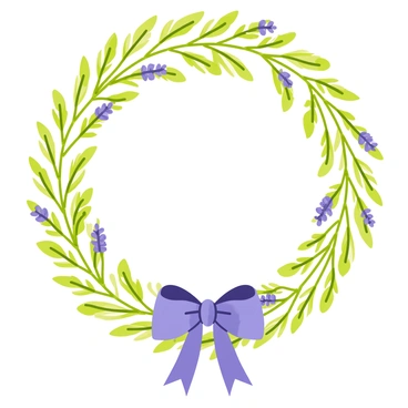 A circular wreath constructed from vibrant green rosemary sprigs intertwined with delicate purple lavender flowers. The lavender has small blossoms with a rich hue, contrasting against the rich green of the rosemary. A shiny purple ribbon elegantly ties the wreath together at the bottom, creating a beautiful bow. The overall composition of the wreath appears lush and inviting, showcasing the textures of the herbs and flowers.
