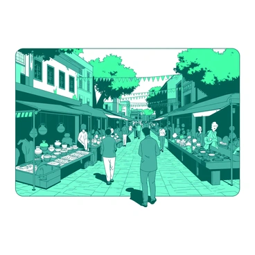 A teal bustling market is set in an old town square filled with cobblestone streets. Various vendors are showcasing their goods in colorful stalls, some made of rustic wood. Each vendor has unique local crafts on display, including handmade pottery, woven textiles, and intricate jewelry. Shoppers, dressed in a mix of casual and traditional attire, are browsing the stalls and engaged in conversation. In the background, there are charming old buildings with colorful facades, and a few trees provide shade over the lively scene. Bright banners and decorations hang between the stalls, adding to the festive atmosphere.