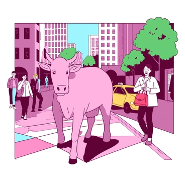 A pink cow is casually walking down a busy city street, surrounded by people going about their day. The cow has a relaxed expression, with its head held high as it steps over a colorful sidewalk. On one side, a group of pedestrians, some holding coffee cups, are looking at the cow with amused expressions. A woman with a red purse is laughing while pointing at the cow. In the background, there are tall buildings and a bright yellow taxi driving past, adding to the urban atmosphere. Several trees line the street, providing splashes of green.