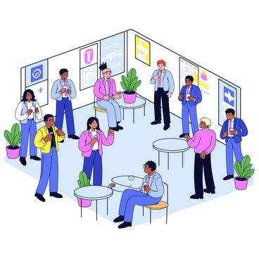 A professional networking event where people are mingling and exchanging business cards