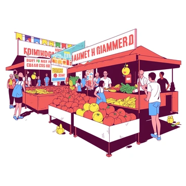 A vibrant scene of a farmers' market bustling with activity. There are several stalls, each overflowing with fresh fruits and vegetables in various shapes and sizes. Bright red tomatoes and yellow corn are prominently displayed, inviting attention. Smiling vendors stand behind their stalls, engaging with customers and showcasing their produce. Colorful banners hang above the stalls, adding to the lively atmosphere. The sunlight casts warm shadows, enhancing the freshness of the scene, while clusters of people browse and enjoy the market's offerings.
