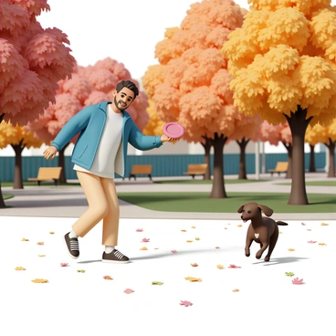 A man, named Ted Lasso, wearing a blue jacket, a white shirt, and khaki pants, is playfully throwing a bright red frisbee. A medium-sized brown dog, with a shiny coat and a wagging tail, is sprinting eagerly towards the frisbee. They are surrounded by a vibrant autumn park filled with trees showcasing red, orange, and yellow leaves. The ground is covered with fallen leaves, creating a colorful carpet. The scene is lively, with a few scattered park benches in the background and the sun casting warm light on the joyful interaction.