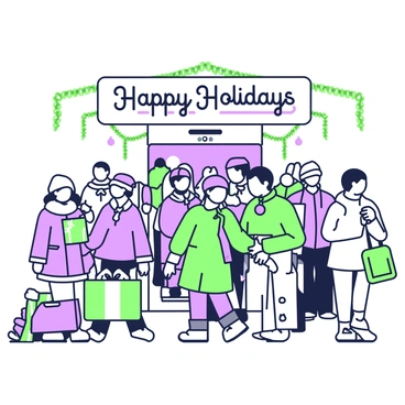 A crowded jet bridge with holiday decorations and travelers carrying gifts