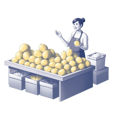A market stall filled with piles of mangoes stacked high. The mangoes vary in size and are arranged neatly to display their round shapes. Behind the stall stands a cheerful vendor with a broad smile, wearing an apron. The vendor's hands are raised as if welcoming customers or offering samples of the fruit. A few customers can be seen at the front, examining the mangoes. The atmosphere is lively, with various items on the stall, including baskets and crates, adding to the vibrant market scene.